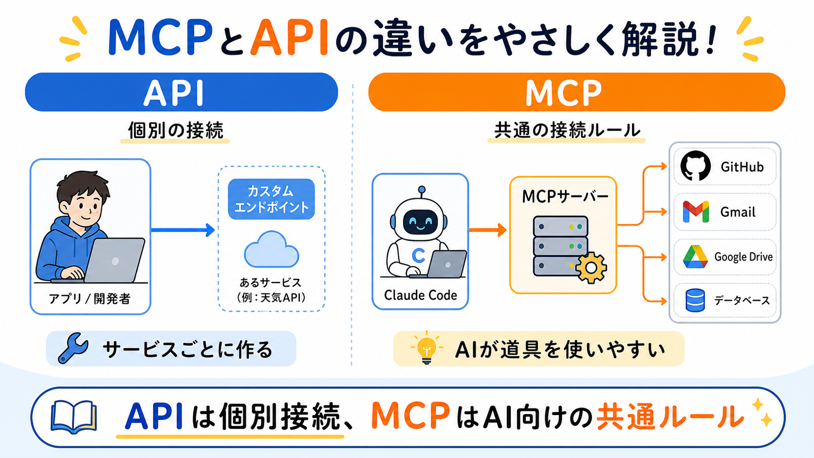 MCPとAPIの違いを初心者向けに説明する図解
