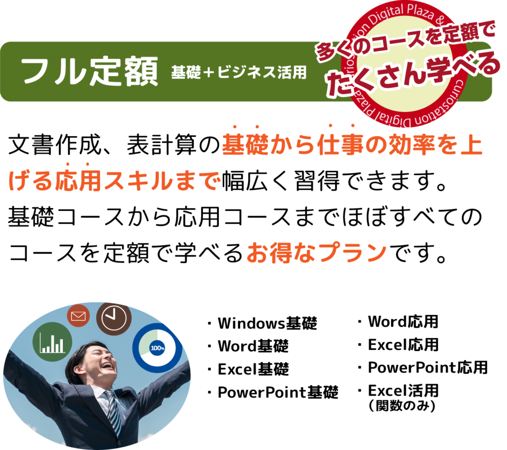 文書作成、表計算の基礎から仕事の効率を上げる応用スキルまで幅広く習得できます。
基礎コースから応用コースまでほぼすべてのコースを定額で学べるお得なプランです。